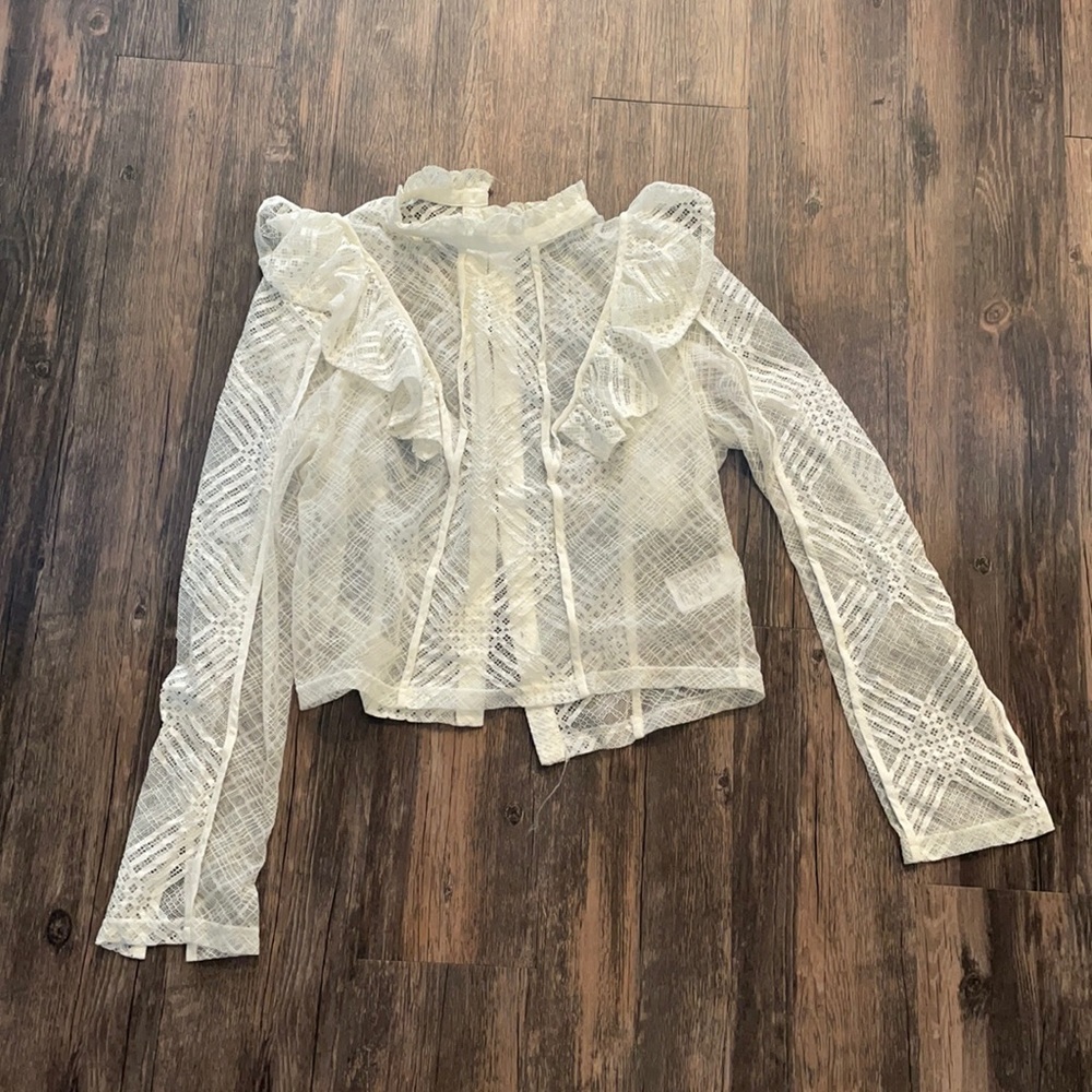 Off white color lace long sleeve blouse with back button closure